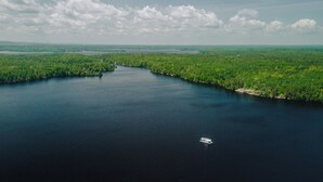 Ein Fluss, der von dichten Wäldern gesäumt wird, mit einem Boot auf dem Wasser und einer entfernten Uferlinie.
