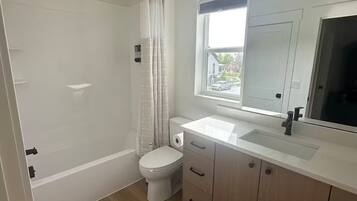 Hair dryer, towels, soap, toilet paper
