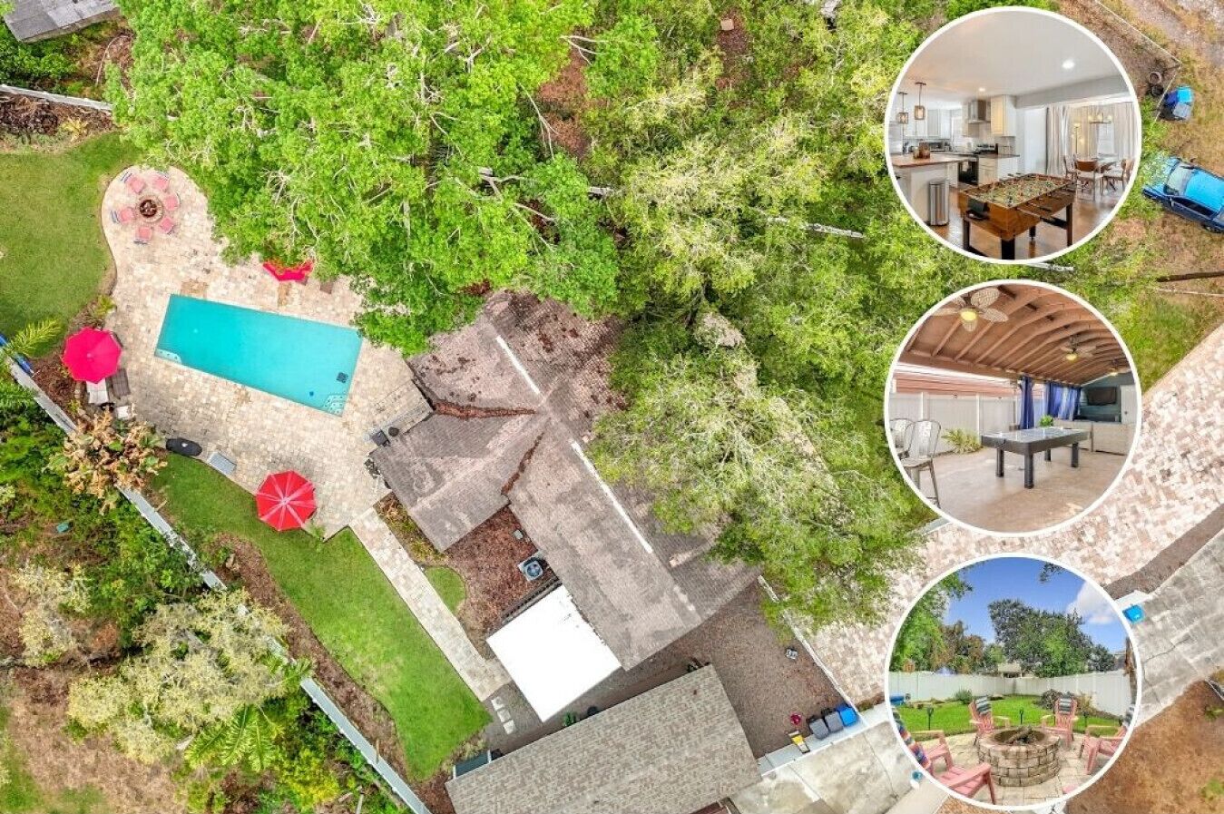 An aerial view of a property with a swimming pool, patio area, and a covered outdoor seating area.