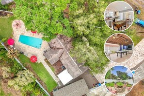 An aerial view of a property with a swimming pool, patio area, and a covered outdoor seating area. - Private Pool, Games, Firepit Ultimate Tampa Fun House (Tampa)