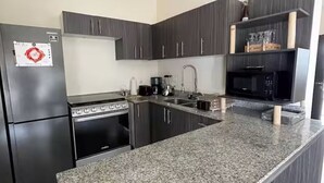 A modern kitchen with dark cabinetry, a granite countertop, a built-in oven, a microwave, and a stainless steel refrigerator. - Cozy House in Selvanova 3B (Playa del Carmen)