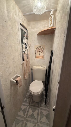 Shower, hair dryer, towels, toilet paper