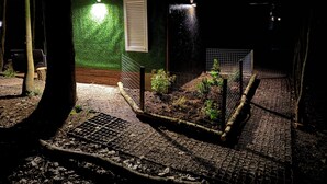 A garden area with a water feature, a wooden bench, and a metal fence.