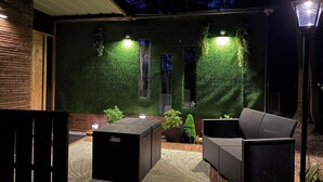 An outdoor patio area with a green wall, wooden furniture, and a potted plant.