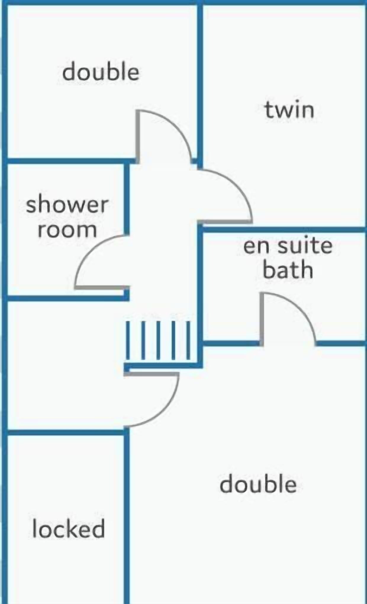 Plano de distribución con habitaciones identificadas: 'doble', 'individual', 'baño con ducha', 'baño privado' y 'cerrada'.