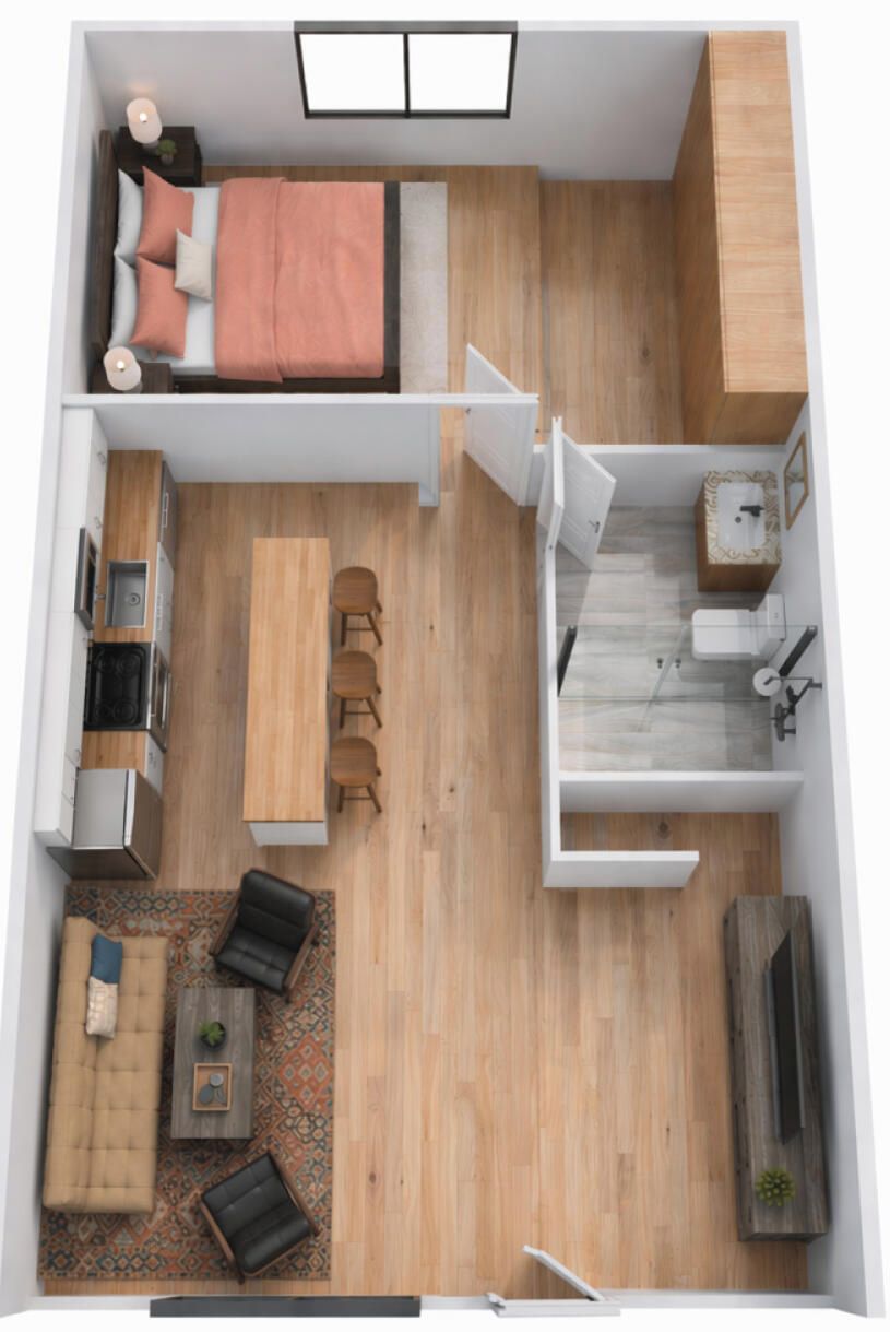A compact studio apartment with a bed, kitchenette, dining area, and a small living space.