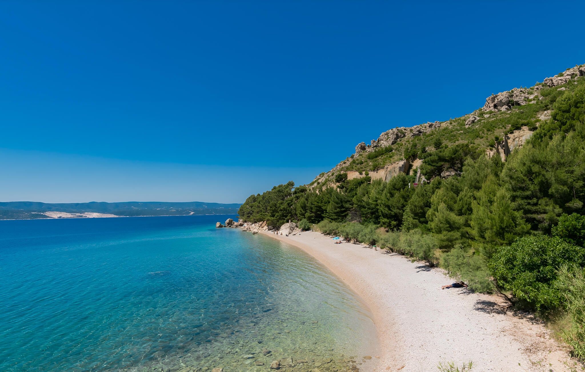 A coastal beach with clear waters, a sandy shore, and a forested hillside.