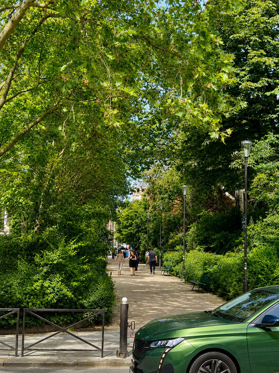 A green car parked on a paved path surrounded by lush greenery and trees.