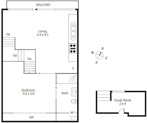 A floor plan with a living area, bedroom, bathroom, and study nook. - Queensbridge Luxe - Balcony - Casino & Arts Precinct - Front Row - Parking (Southbank)