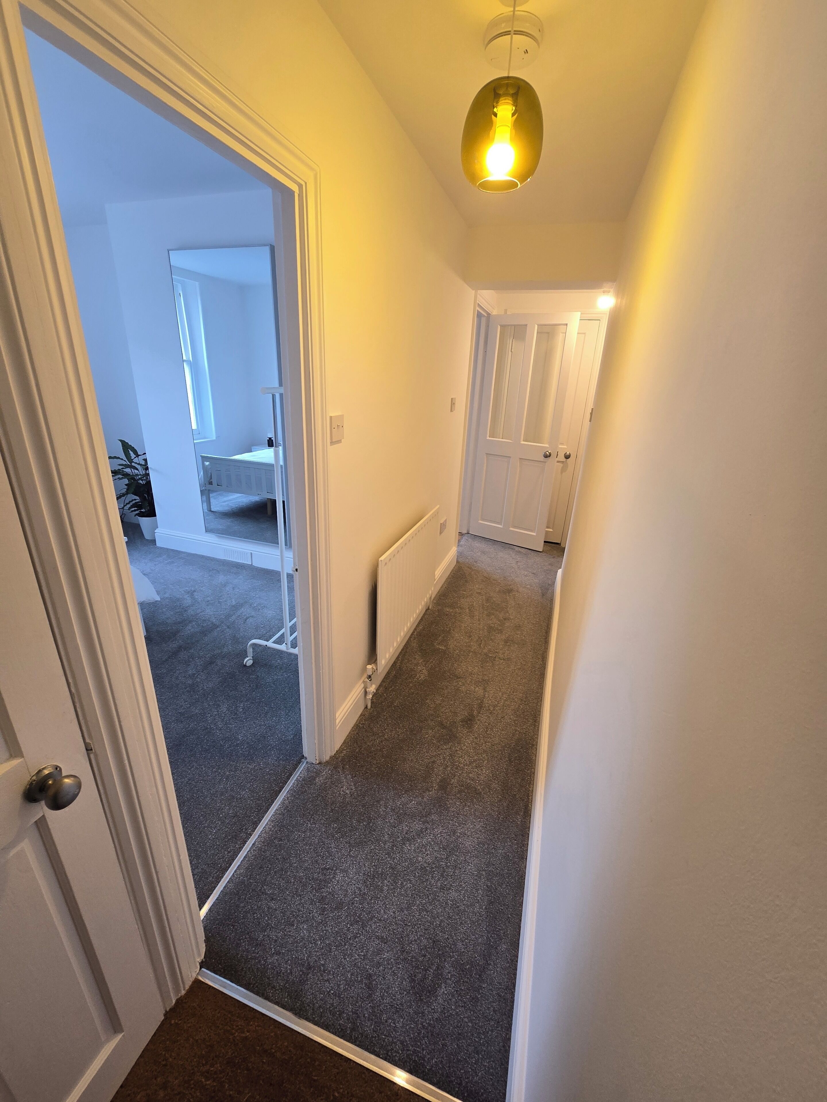 Un couloir doté d’un revêtement de sol en moquette, de murs blancs et d’un luminaire au plafond.