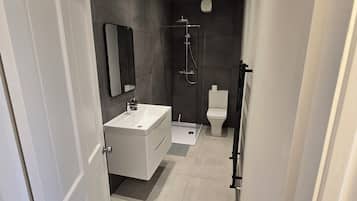 Shower, towels, toilet paper
