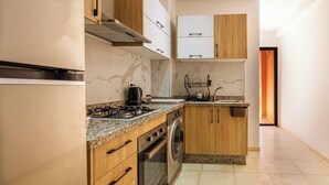 Una cocina compacta equipada con estufa, horno, lavadora y pileta.