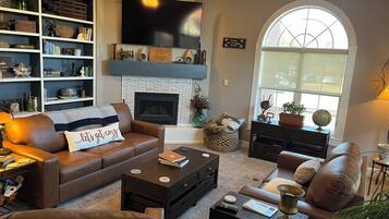 Smart TV, fireplace, video games, DVD player