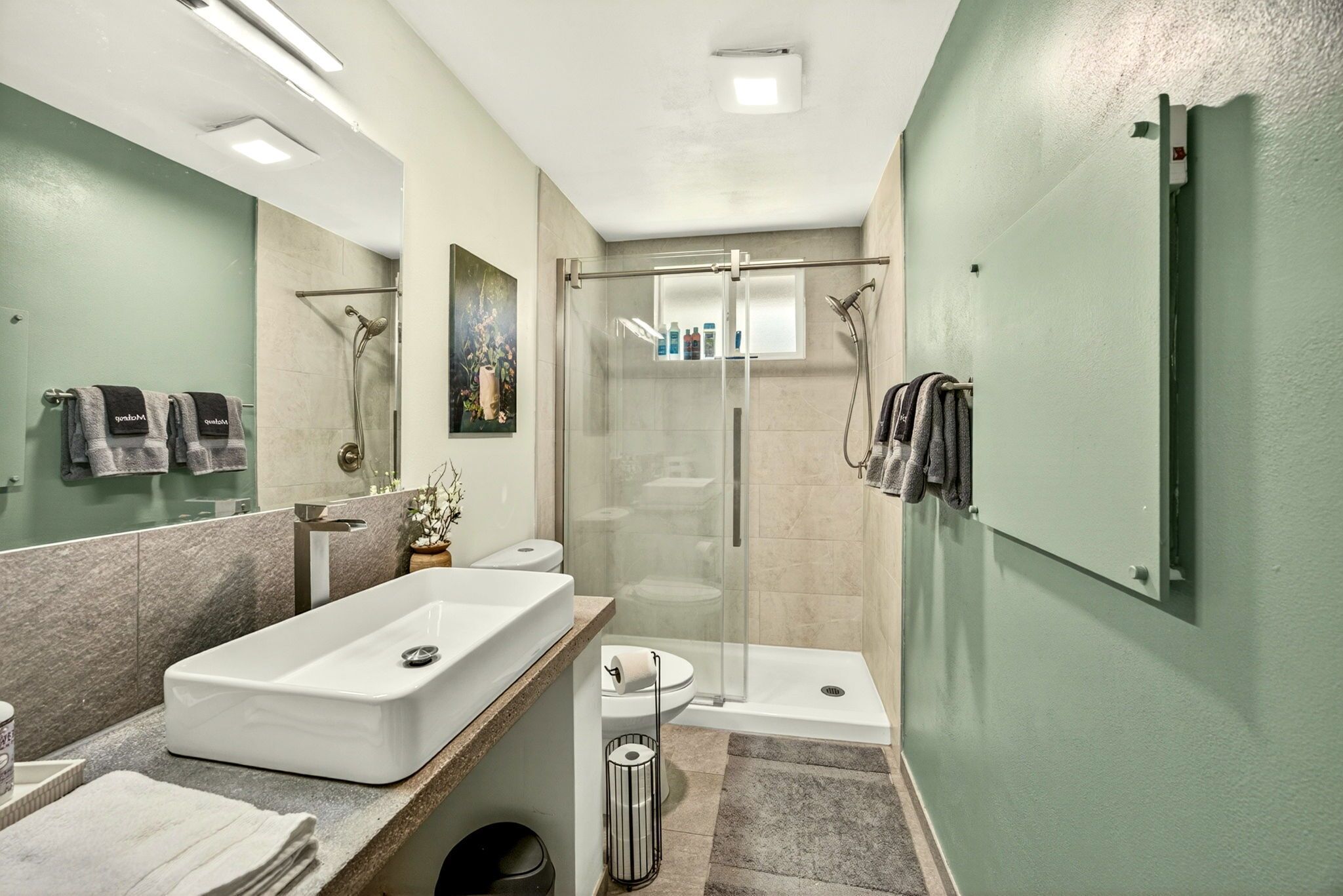 Shower, free toiletries, hair dryer, towels