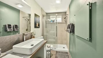 Shower, free toiletries, hair dryer, towels