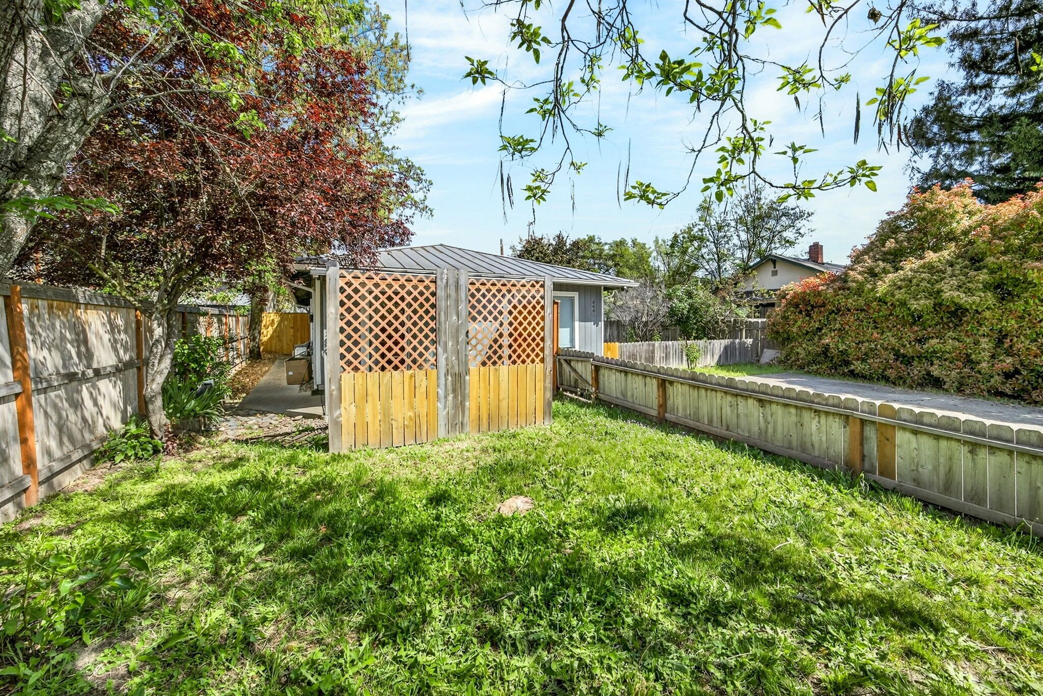 A fenced backyard with a wooden shed, a tree, and a house in the background.