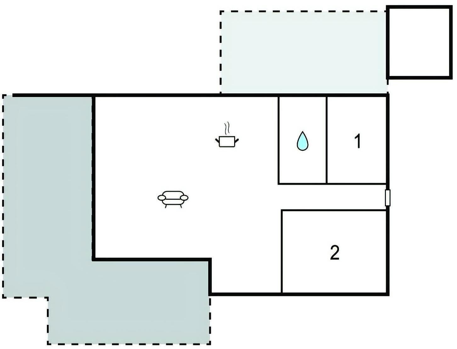 A floor plan with a bathroom, a kitchen, and a living area.