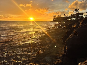 Un coucher de soleil sur une côte rocheuse, avec des palmiers en arrière-plan.