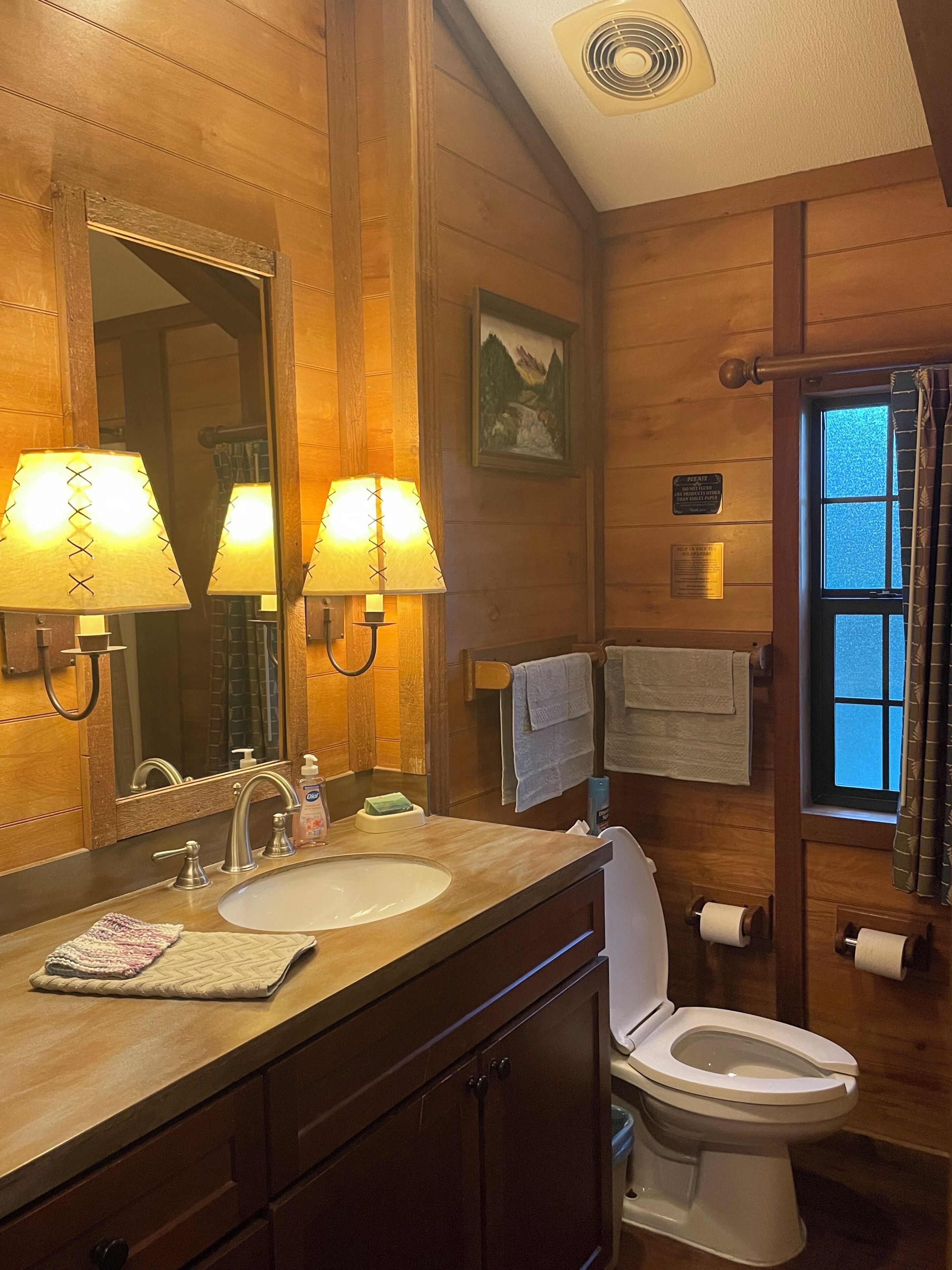 A wooden bathroom with a sink, mirror, two wall-mounted lamps, a toilet, and a window with curtains.