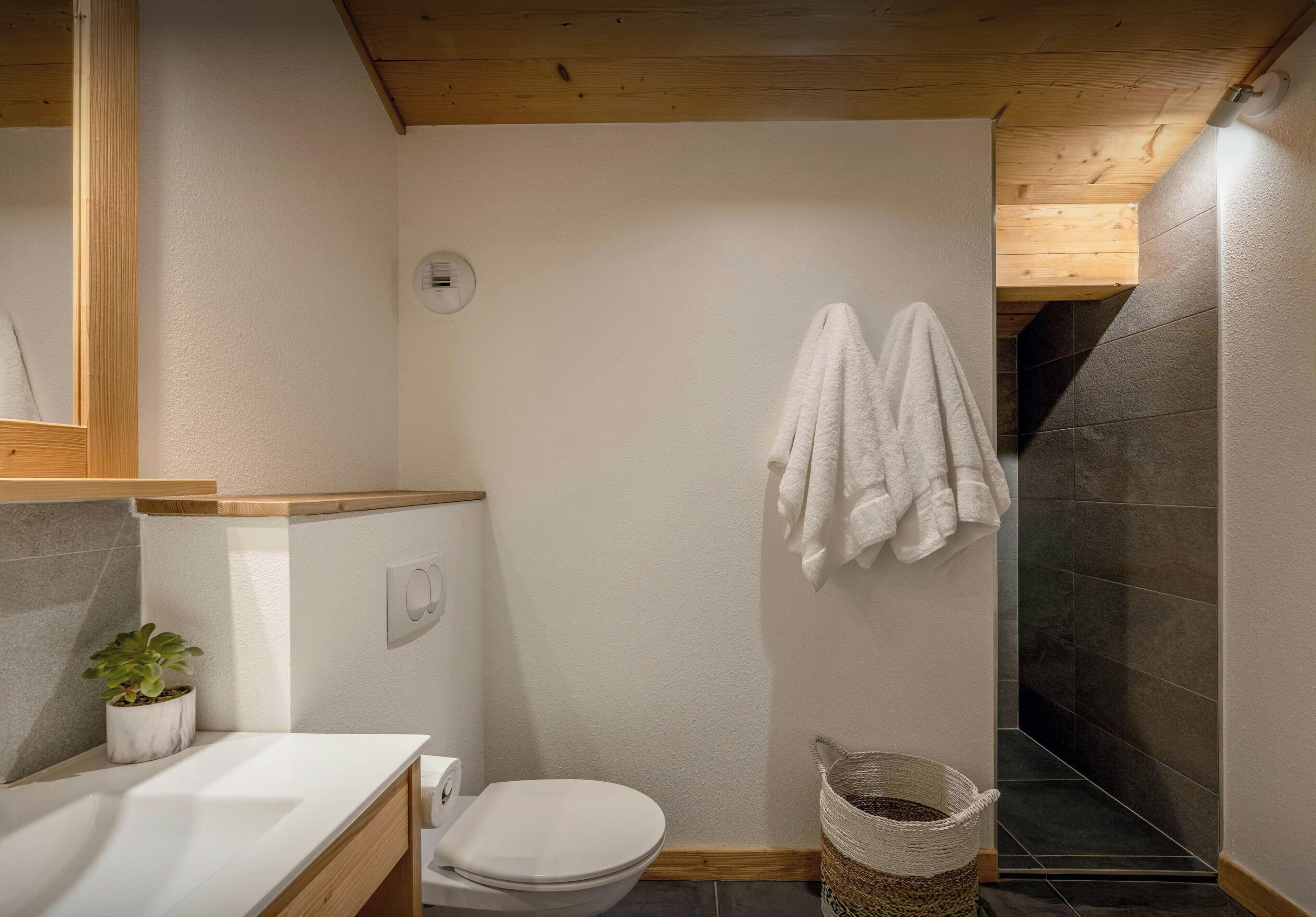 A bathroom with a toilet, a sink, a potted plant, a towel rack, and a trash bin.