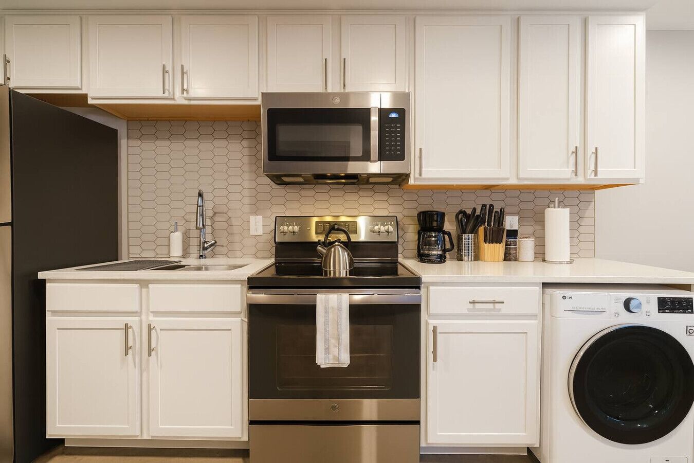 Fridge, microwave, oven, dishwasher