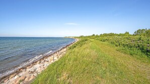 Paesaggio costiero con cielo sereno, costa rocciosa e vegetazione lussureggiante.