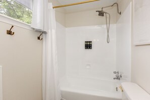 Hair dryer, towels, soap, toilet paper
