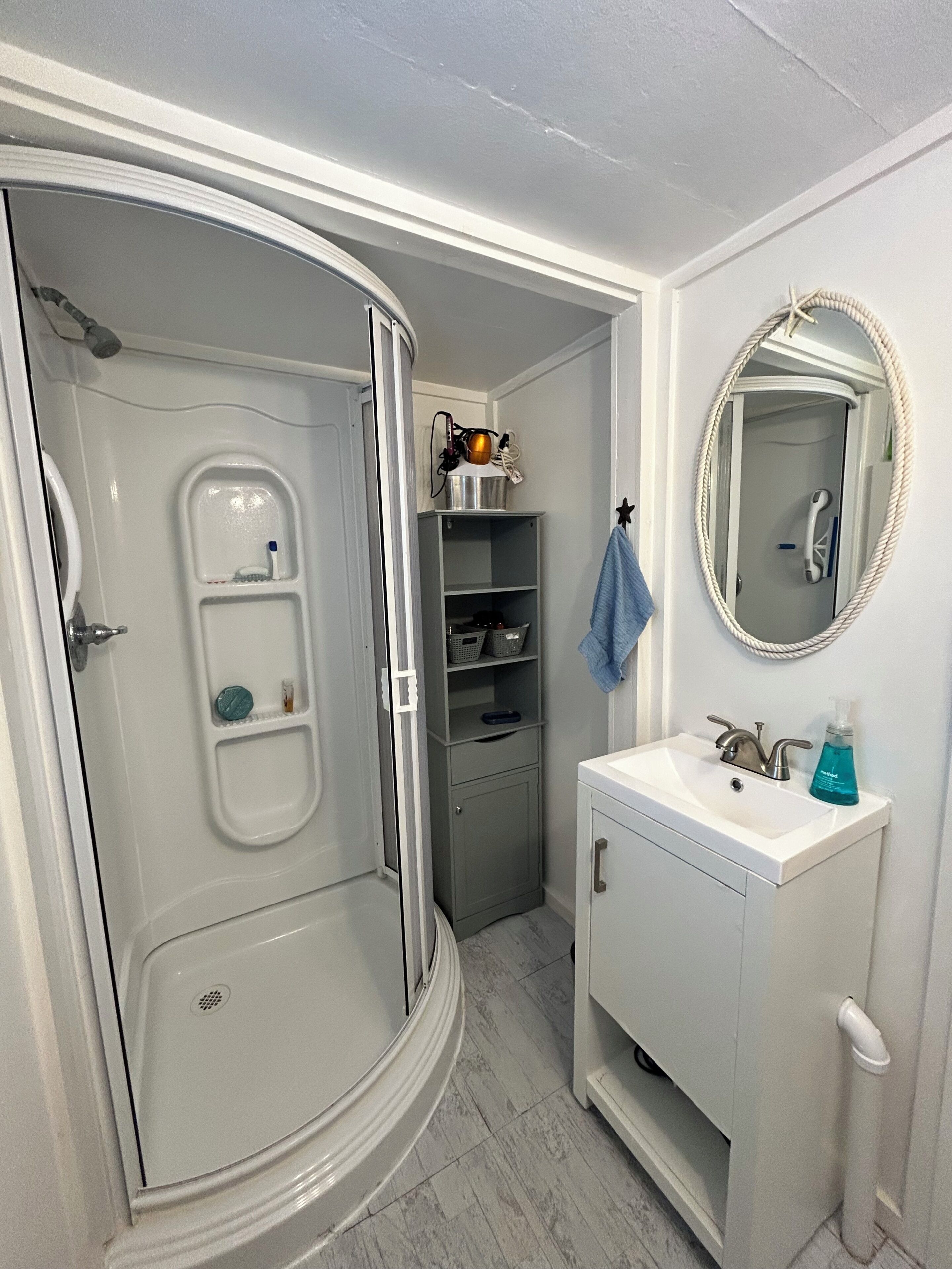 シャワー、ヘアドライヤー、タオル、トイレットペーパー