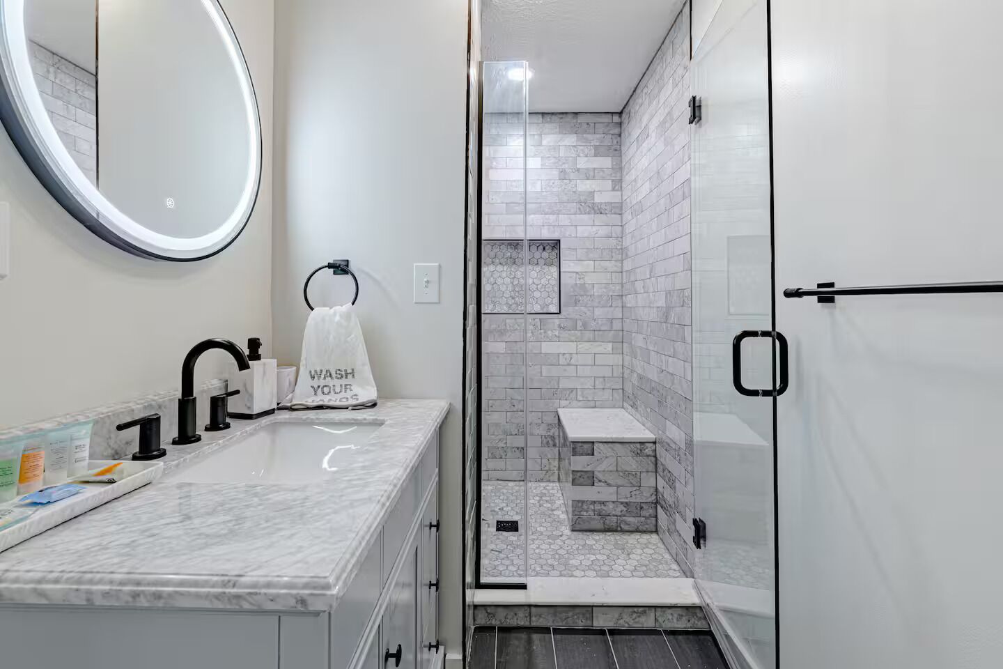Hair dryer, towels, soap, toilet paper