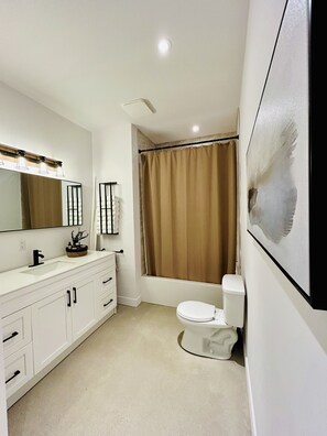Hair dryer, towels, soap, toilet paper
