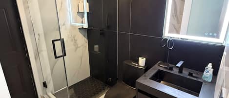 Douche, baignoire à remous, séchoir à cheveux, bidet
