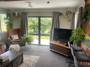 Uma sala de estar com televisão, sofá, poltrona e mesa de centro. Há plantas e cortinas.