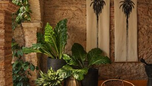 A room with a brick wall, a white tiled bench, potted plants, a wicker chair, and two wall-mounted paintings. - NOK Luxury Colonial Villa 6BR With Pool, Staff & Breakfast at Getsemani (Cartagena)