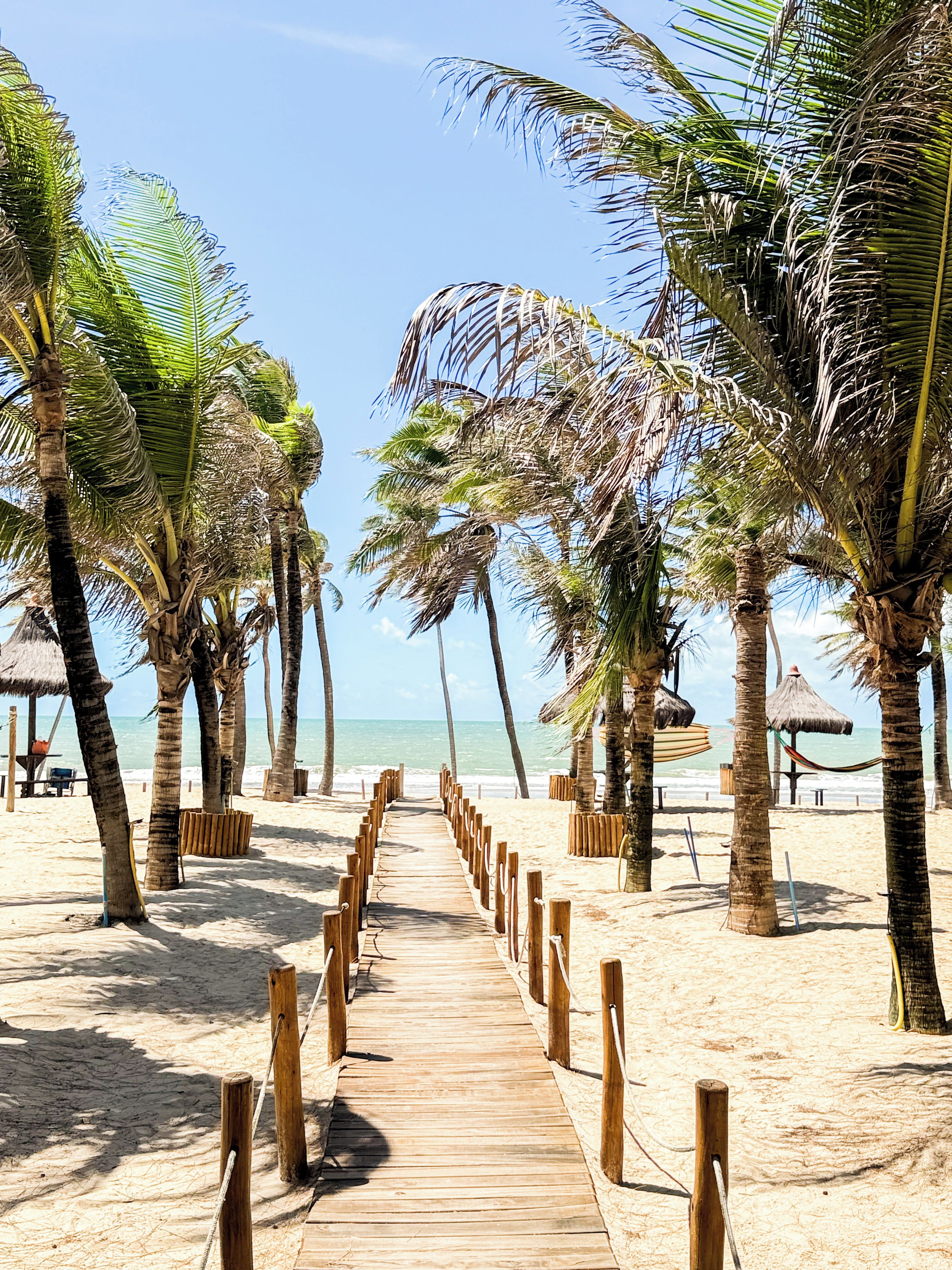 Un sentier en bois mène à une plage bordée de palmiers et surmontée d’une structure au toit de chaume.