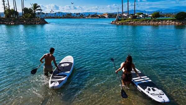 Dos tablas de remo en agua cristalina, con vista a una zona costera y montañas distantes.