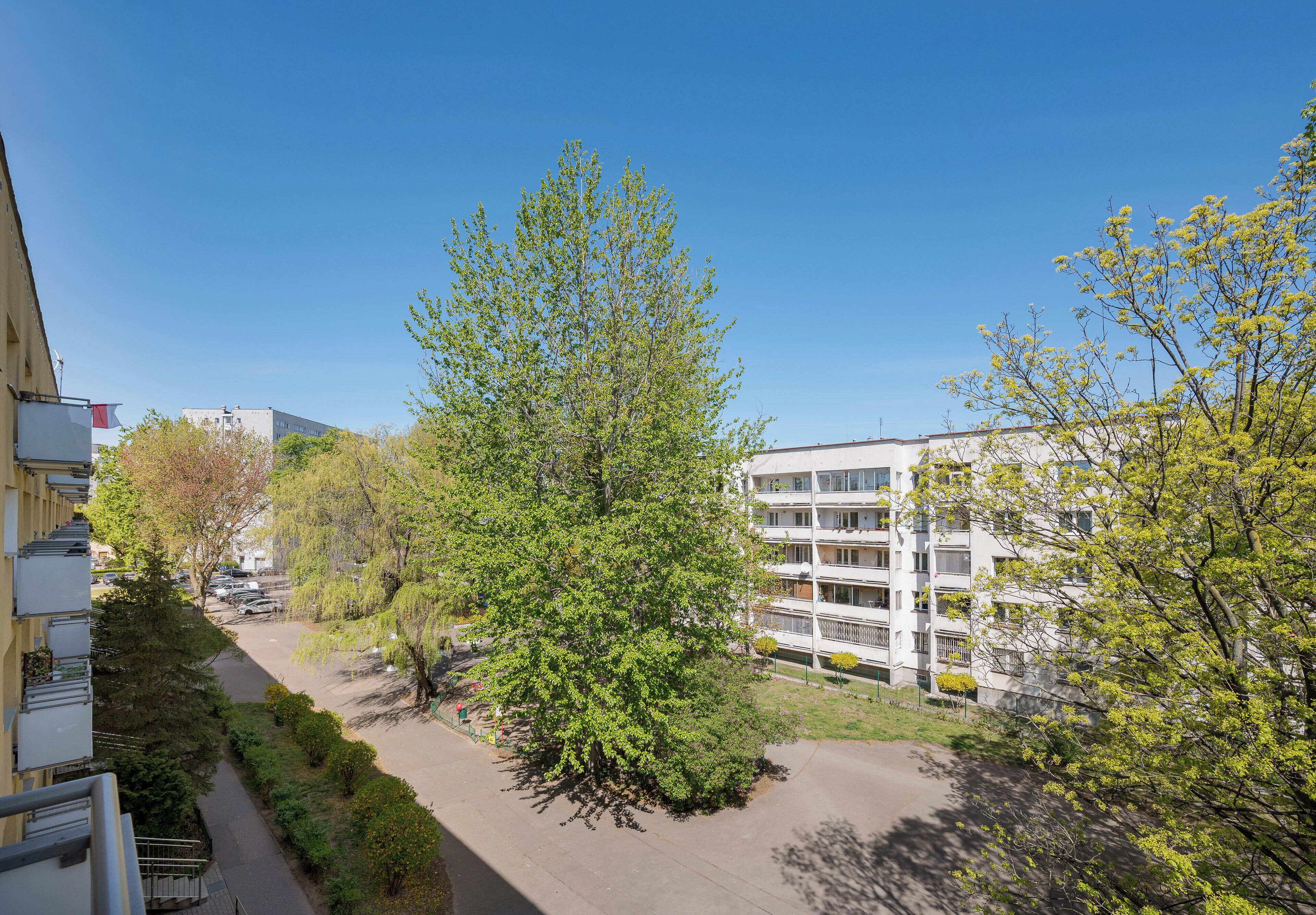 A multi-story building with balconies, a parking area, and a tree-lined pathway.