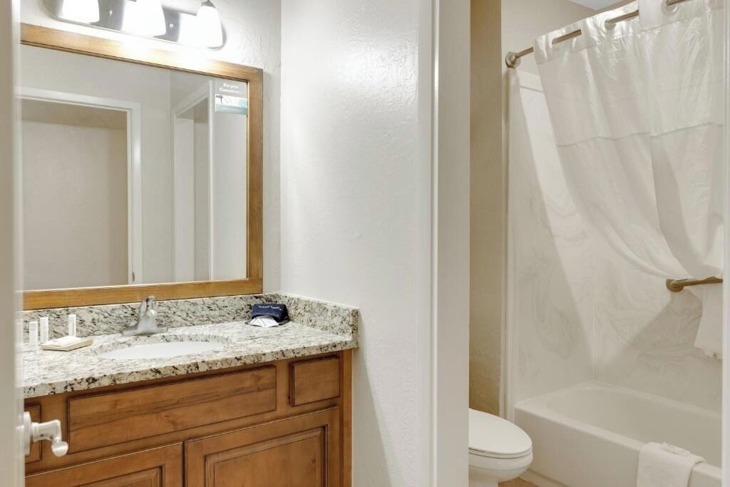 Une salle de bain avec un lavabo, un miroir, un meuble-lavabo en bois et un rideau de douche.