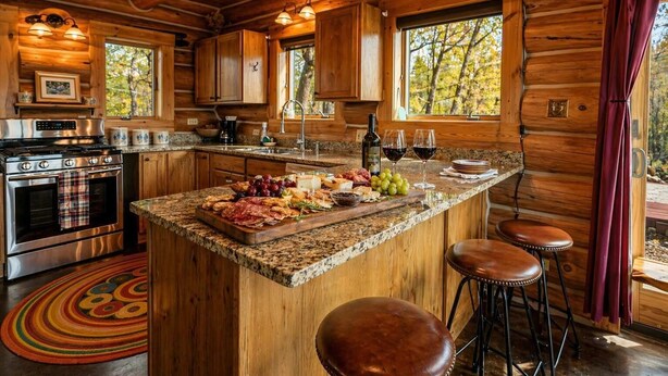A wooden cabin interior with a kitchen featuring a granite countertop, a central island with a food display, bar stools, and a large window.