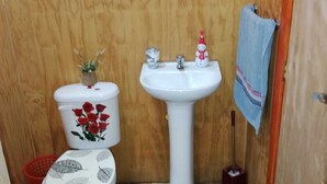 Pieni kylpyhuone, jossa on wc, pesuallas ja tervetulomatto.