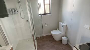 Shower, towels, soap, toilet paper