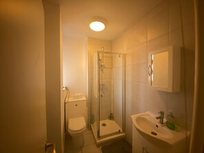 A bathroom with a toilet, a glass-enclosed shower, and a sink with a mirror. - Apartment Sleeps 10 with City Views (London)