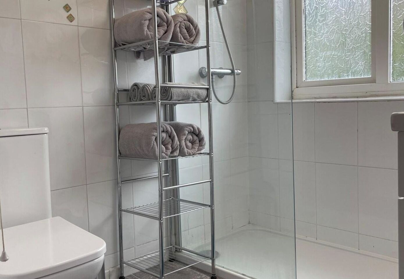 Shower, hair dryer, towels