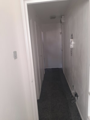 A narrow hallway with white walls, a carpeted floor, and a door at the end.