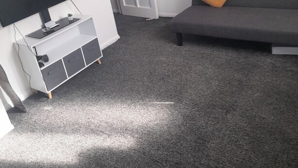 Una sala de estar con un televisor de pantalla plana sobre un soporte blanco, un sofá gris con un cojín naranja, y una puerta que da a otra habitación.