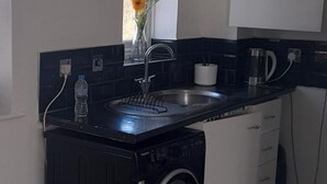 Una cocina compacta con lavadora, un lavamanos y una ventana llena de flores.