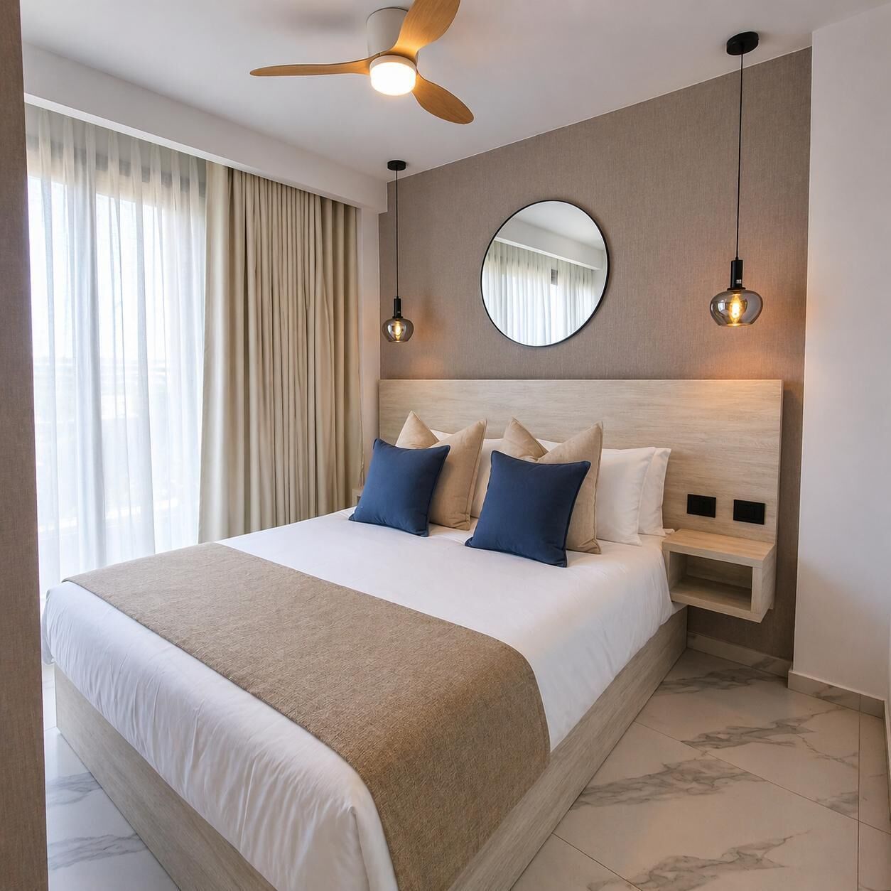 Habitación de hotel con una cama grande, un ventilador de techo, un espejo redondo y dos lámparas colgantes.