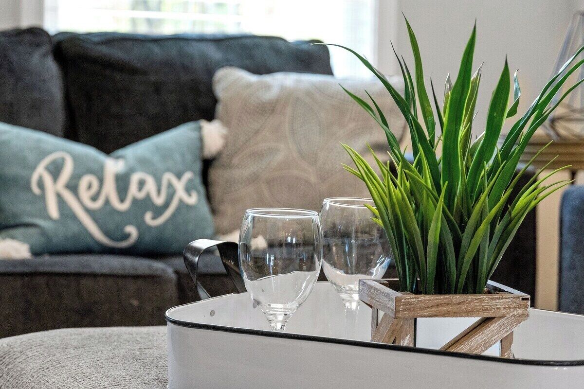 Ein modernes Wohnzimmer mit einem Glastisch, zwei Weingläsern und einer Topfpflanze.