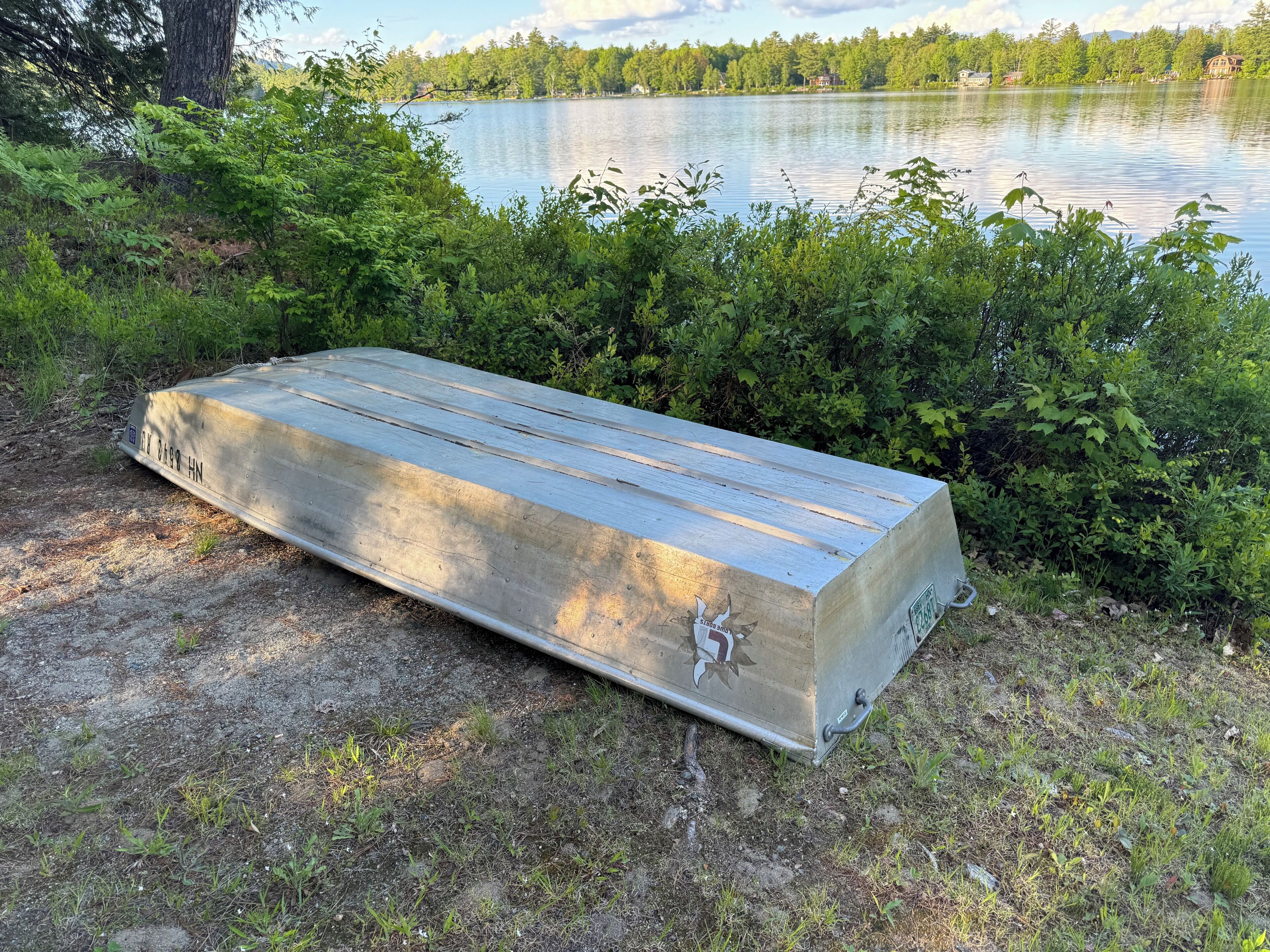 En metalstruktur med nummerplade og klistermærke, beliggende nær en sø omgivet af grønt.