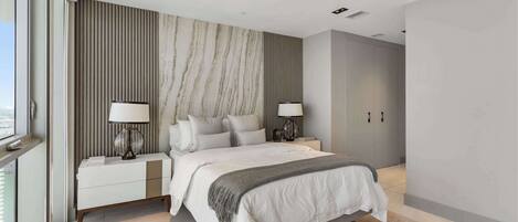 A modern bedroom with a large bed, two bedside tables, a nightstand, and a view of the city.