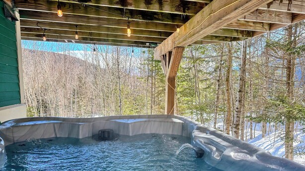Un jacuzzi bajo una pérgola de madera con vistas a árboles y nieve.